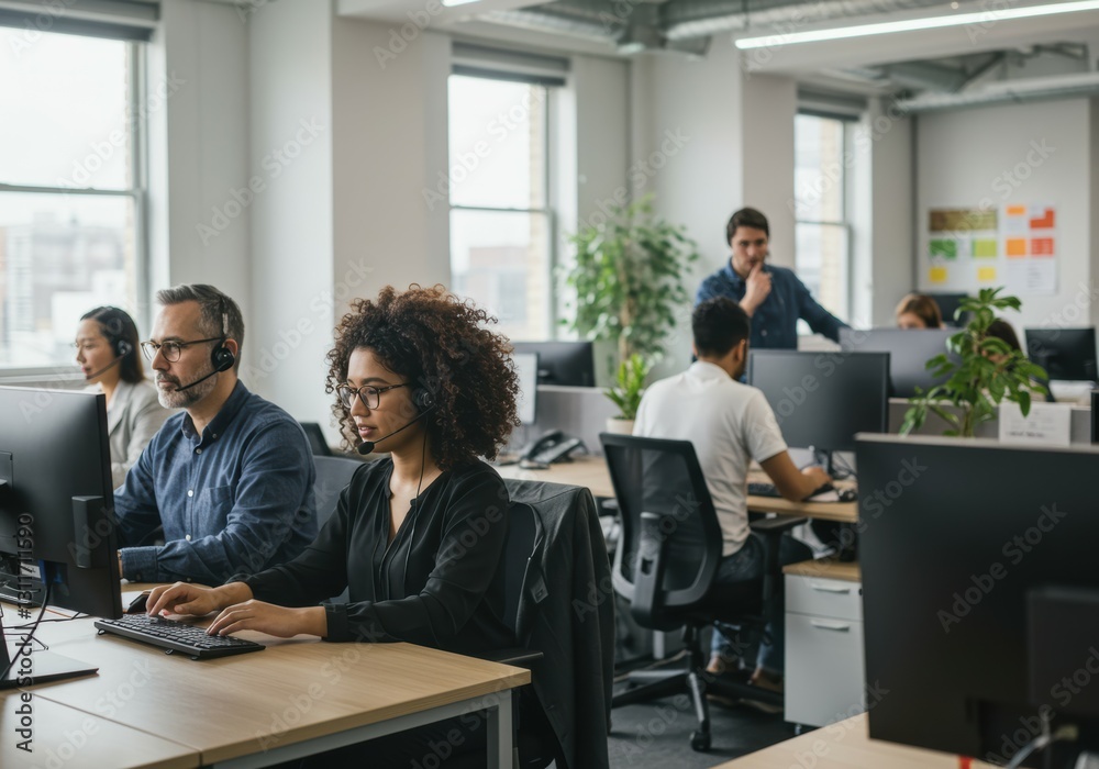 Obraz premium Team of Customer Service Representatives Working in Open-Plan Office