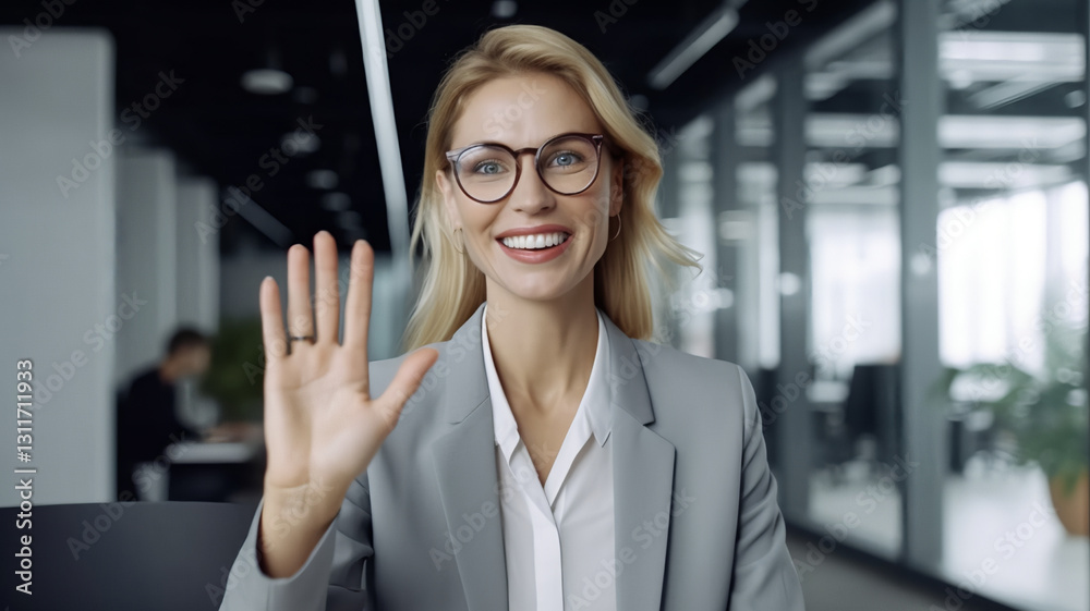 A businesswoman smiling while waving at the camera from an office setting. A businesswoman smiling while waving at the camera from an office setting.