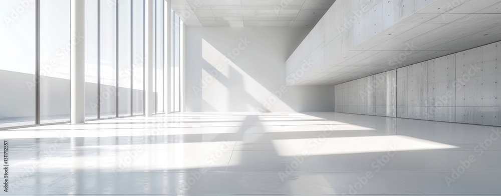 Obraz premium White big interior large hall structure building big room sunlight from window shining wall and floor ceiling.