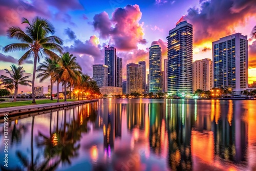 Vibrant Miami Bayside Downtown Skyline at Sunset, Modern Cityscape
