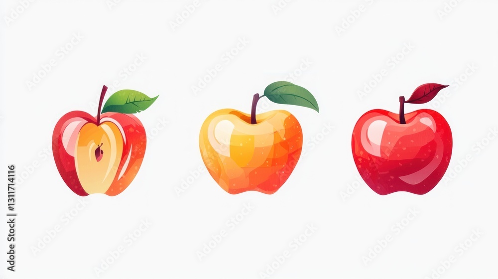 Cartoon apples, whole and sliced, various colors, food illustration Cartoon apples, whole and sliced, various colors, food illustration