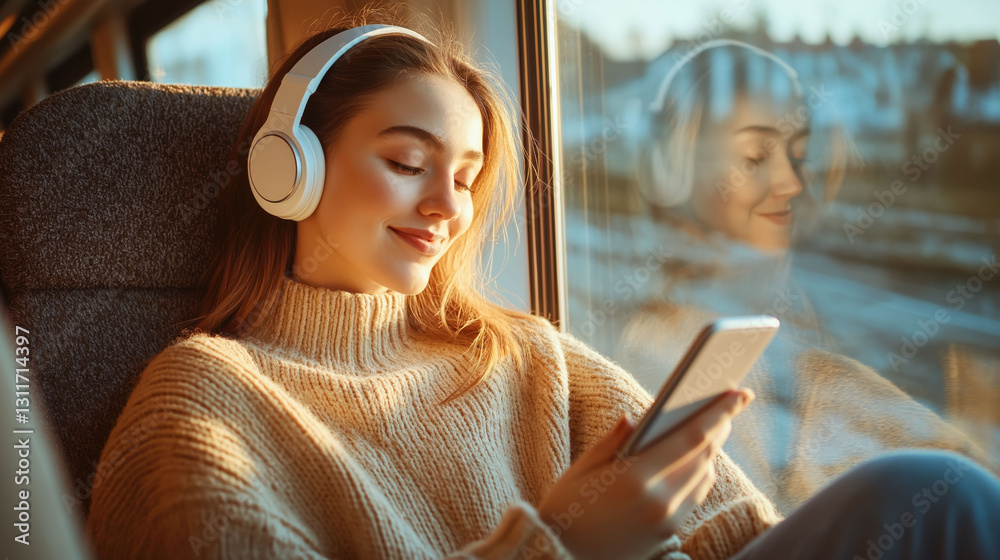 Naklejka premium A young woman with headphone listening music while using smartphone in the train