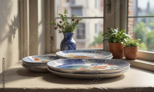 Hand-painted ceramic plates displayed on windowsill, colorful, displayed