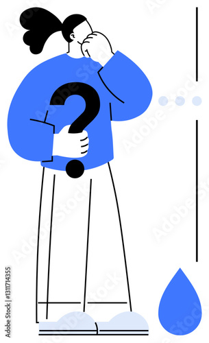 Individual holding a large question mark symbol while deep in thought. Drop and dots symbolize confusion, decision-making, problem-solving, curiosity, hesitation, critical thinking. Flat simple