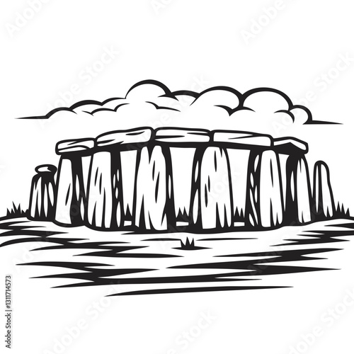 T-Short Print sightseeing Stonehenge Illustration in Black and White