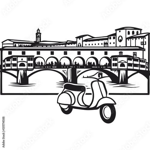 T-Short Print sightseeing Ponte Vecchio and   Illustration in Black and White
