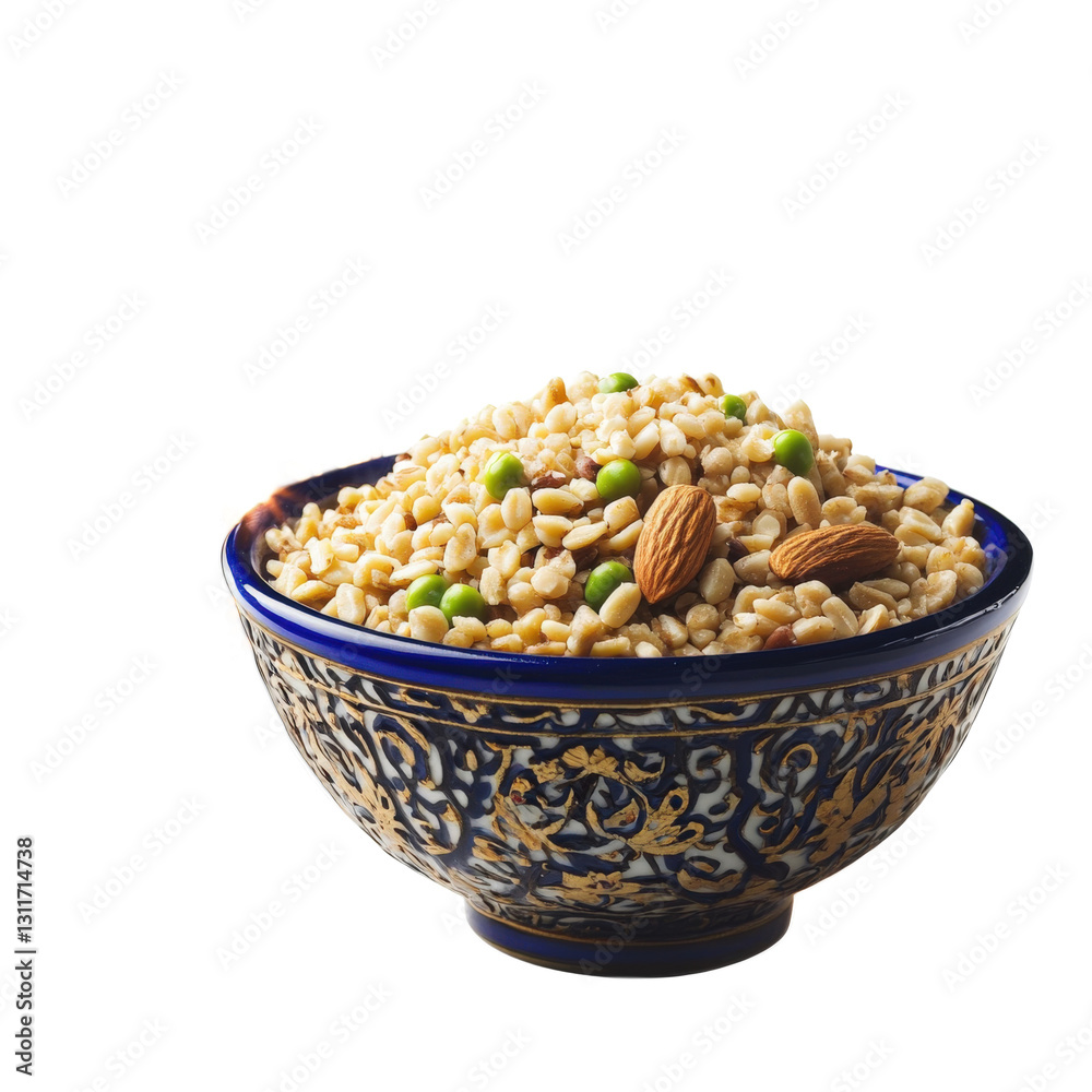 Ramdan Eid Suhoor grains and nuts in decorative bowl, isolated, Islamic Muslim traditional food Ramdan Eid Suhoor grains and nuts in decorative bowl, isolated, Islamic Muslim traditional food