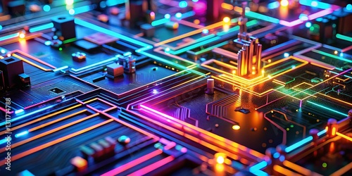 Vibrant Neon Circuit Board: Futuristic Abstract Tilt-Shift Digital Art
