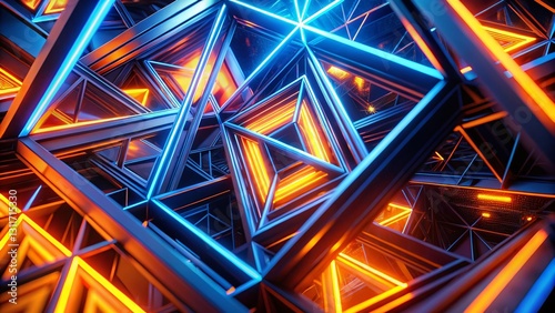 Vibrant Orange & Blue Neon Geometric Abstract Art - High Depth of Field Stock Photo