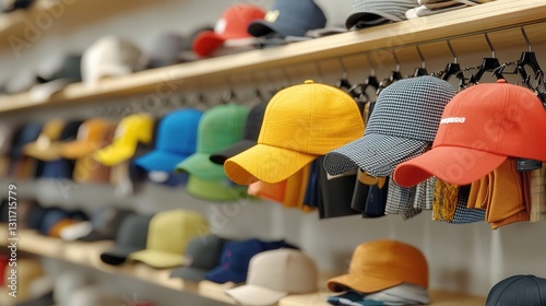 Assortment of colorful hats and caps neatly arranged on display racks in a fashion retail store showcasing a wide variety of headwear styles and designs for customers to browse and shop from