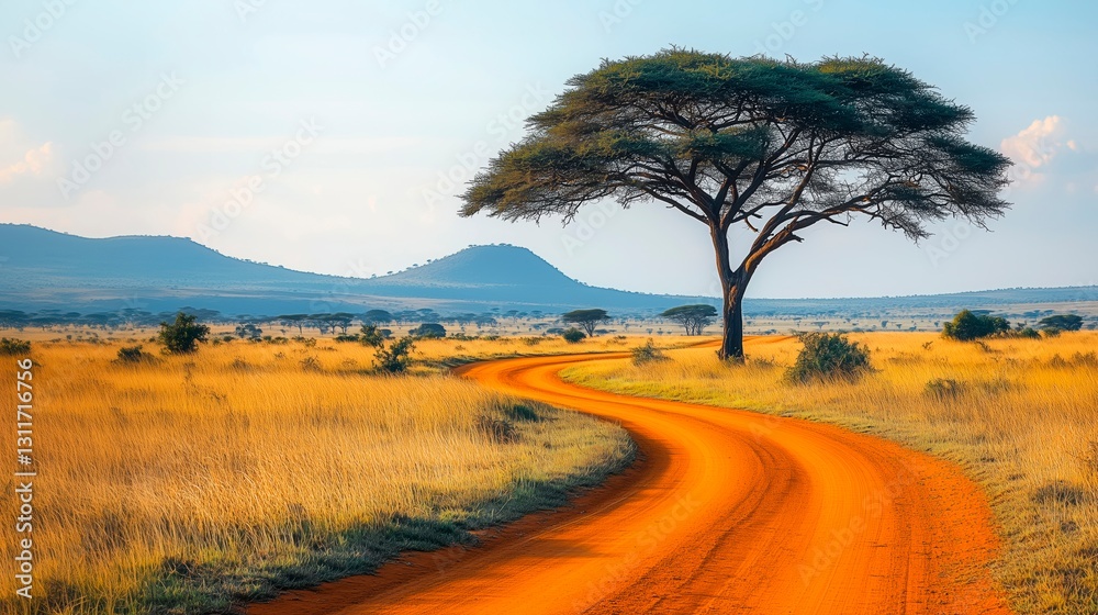Obraz premium Endless savanna landscape at golden hour with acacia tree and winding path