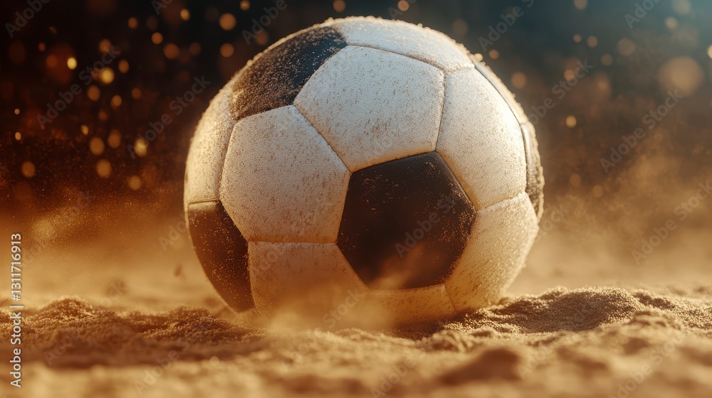 Fototapeta premium Worn Soccer Ball on Sand with Golden Dust