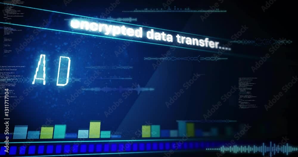 Encrypted data transfer text animation over digital graphs and charts Encrypted data transfer text animation over digital graphs and charts