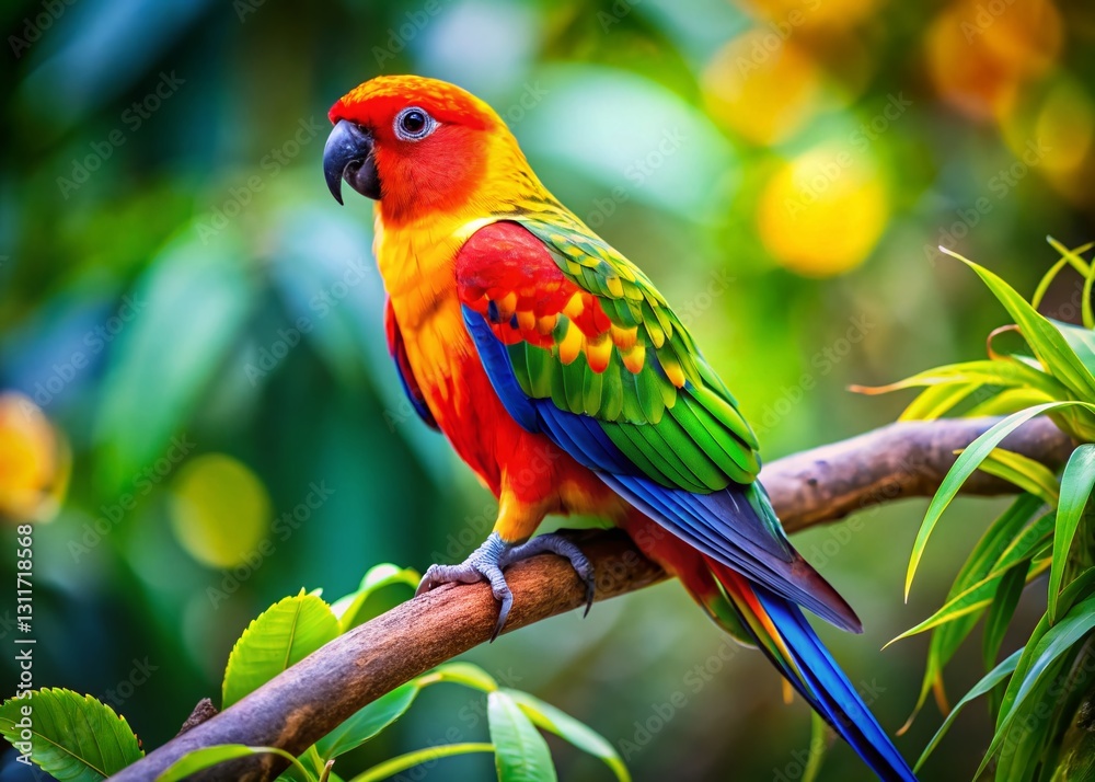Fototapeta premium Vibrant Parakeet Perched on Lush Green Tree Branch - Colorful Bird Photography