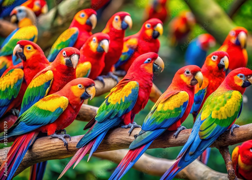 Obraz premium Vibrant Parrot Flock on Branches: Colorful Birds in Tropical Setting