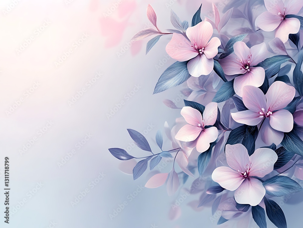 Naklejka premium Soft pink flowers and leaves on a light blue background.
