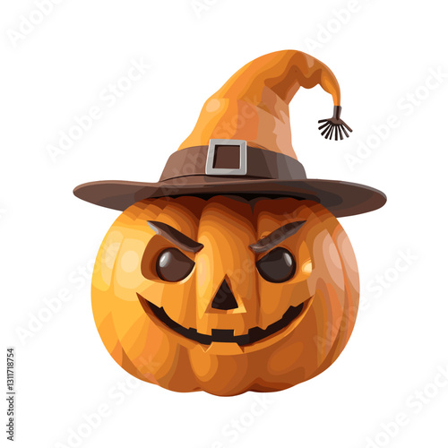 Mischievous Halloween pumpkin with witch hat and sly smile on white background, copy space