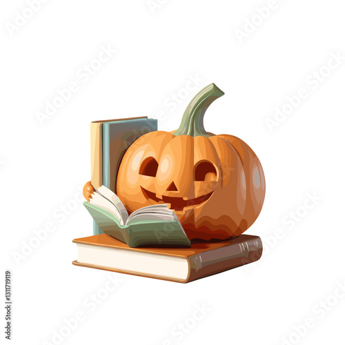 Whimsical pumpkin with carved face holding an open book next to stacked books on white background copy space