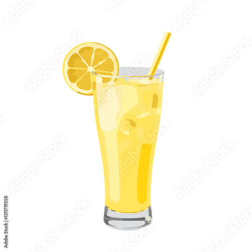 Refreshing lemon beverage with ice served in tall glass garnished with lemon slice copy space