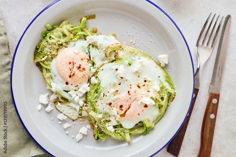 Breakfast with fried egg in zucchini noodles nest with feta cheese, healthy breakfast, top view, close up Breakfast with fried egg in zucchini noodles nest with feta cheese, healthy breakfast, top view, close up
