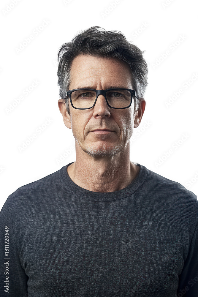 Man wearing glasses with serious expression on isolated white background, confident mature adult male in casual wear, portrait for professional use. Man wearing glasses with serious expression on isolated white background, confident mature adult male in casual wear, portrait for professional use.