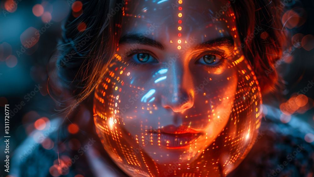 Girls face and abstract glowing 3D spherical ball, codes with Artificial Intelligence. Modern digital code illustration. Greeting card in technological futuristic style.