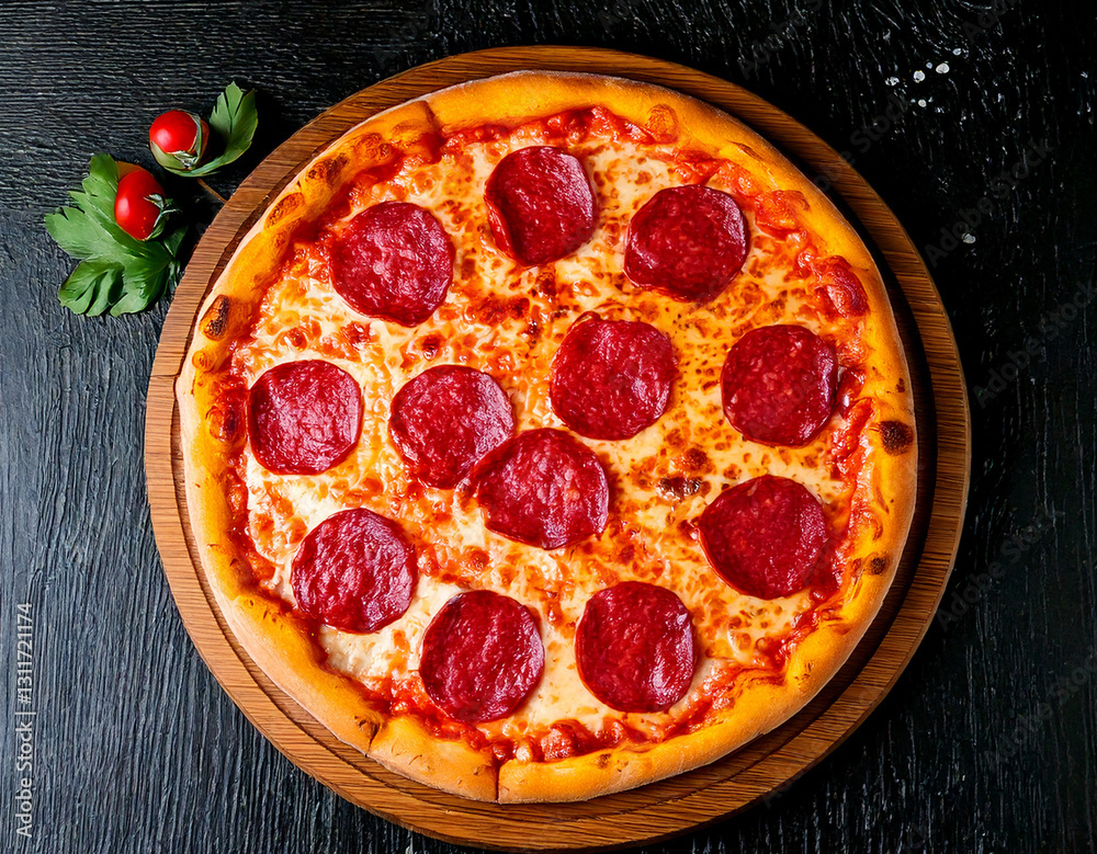 Pizza with salami on wooden board delicious Italian meal
