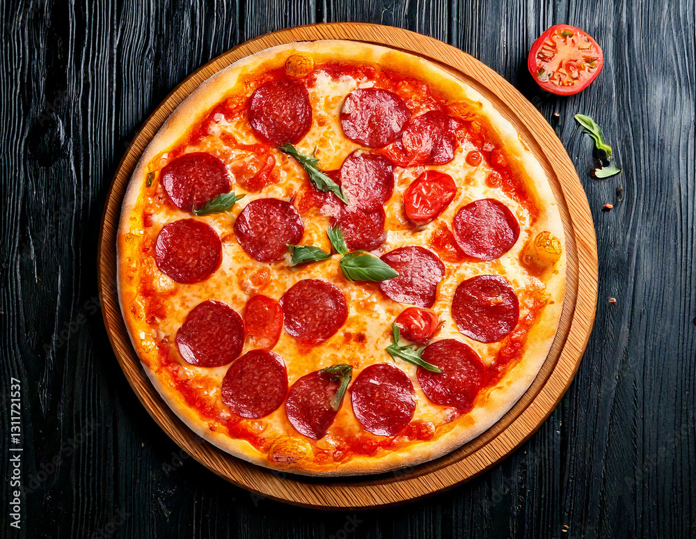 Pizza with salami on wooden board delicious Italian meal