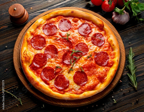 Pizza with salami on wooden board delicious Italian meal