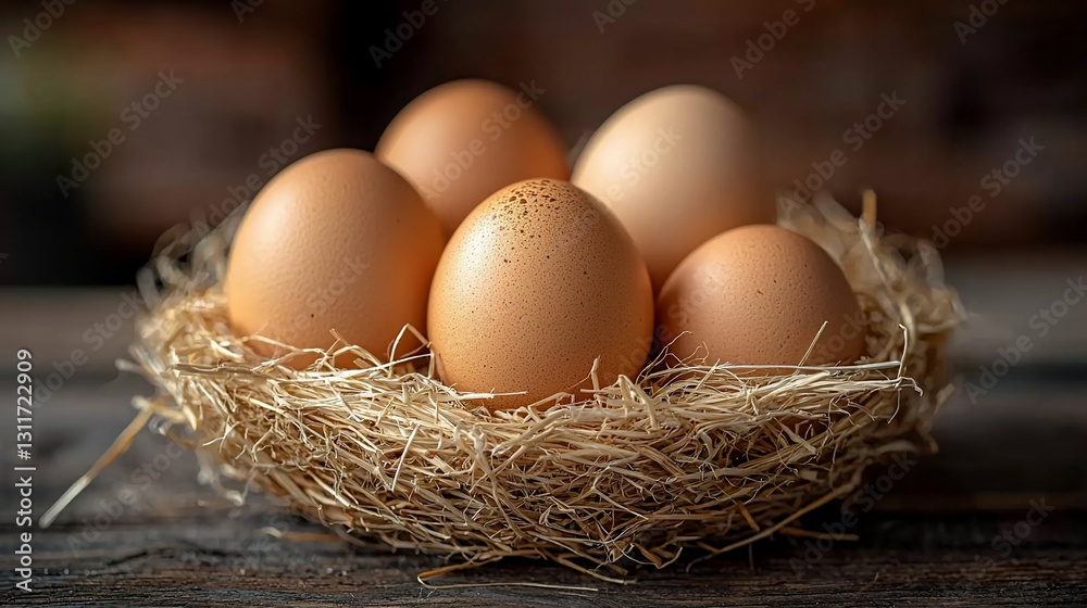 Fresh brown eggs nestled in a rustic straw nest on a wooden table, evoking farm freshness Fresh brown eggs nestled in a rustic straw nest on a wooden table, evoking farm freshness