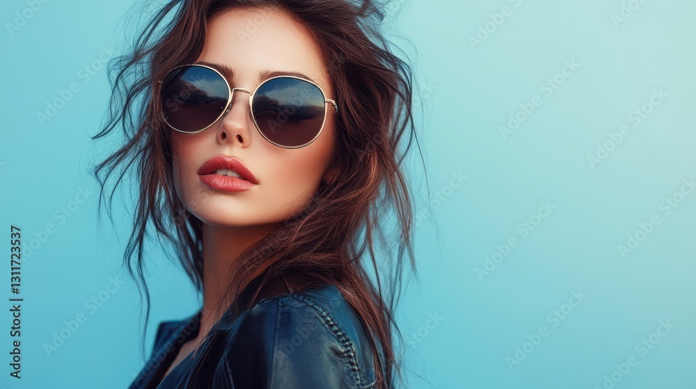 custom made wallpaper toronto digitalCloseup portrait of young beautiful sexy smiling hipster woman in sunglasses. Trendy positive girl going crazy. Model isolated on blue wall. Shows her tongue