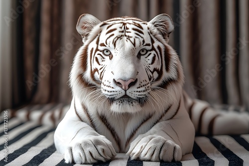 White tiger is laying on a striped blanket. The tiger has a very calm and relaxed expression on its face
