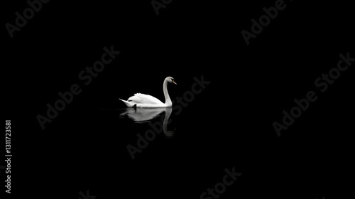 Fototapeta Naklejka Na Ścianę i Meble -  Tranquil white swan gracefully gliding on dark reflective water surface