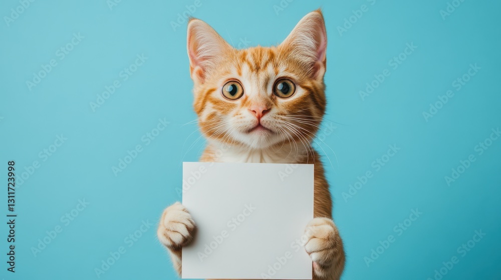 Ginger cat with a poster or banner for your text. Copy space. Ginger cat with a poster or banner for your text. Copy space.