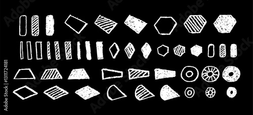 Set of abstract geometric basic shapes drawn with pastel white color or charcoal. Hand drawn paint rhombus, pentagon, hexagon figure collection. Vector geometric signs for school or kindergarten