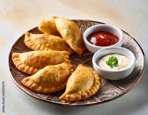Generated image Mini empanadas on a decorative platter with dipping sauces