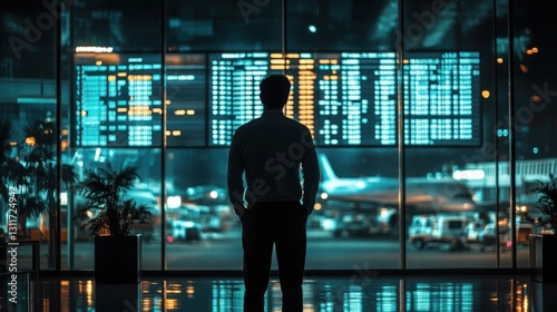 Traveling by airplane. Man walking with backpack and suitcase walking through airport terminal and looking at departure information.