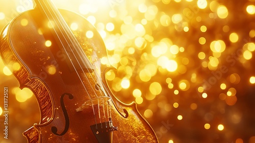 Violin in a shimmering golden light creates a warm and enchanting atmosphere during a musical performance