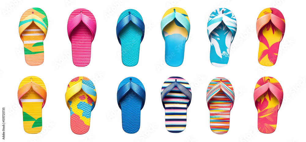 a variety of colorful flip-flops arranged in a grid pattern each pair features unique designs and vibrant colors. emphasizing a fun and summery vibe the overall aesthetic suggests leisure. relaxation. a variety of colorful flip-flops arranged in a grid pattern each pair features unique designs and vibrant colors. emphasizing a fun and summery vibe the overall aesthetic suggests leisure. relaxation.