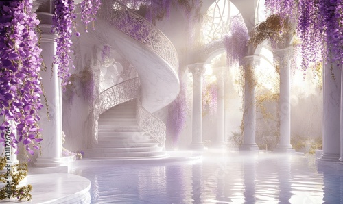Spring festive marble stairs and arches with Wisteria flowers and green leaves decorations, fantasy palace, stone spiral stair with floral garlands, fairytale princess castle interior, AI generated