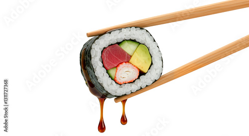 Delicious Sushi Roll Drizzled with Soy Sauce, Ready to Eat isolated on white or transparent png background