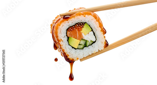 Delicious salmon sushi roll held by chopsticks, drizzled with sauce. isolated on white or transparent png background
