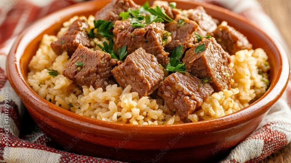 Savory Beef Stew over Rice in Rustic Bowl Savory Beef Stew over Rice in Rustic Bowl
