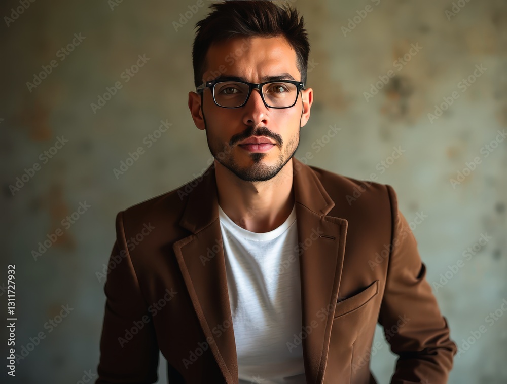 Obraz premium Portrait of confident male entrepreneur wearing stylish brown jacket and glasses
