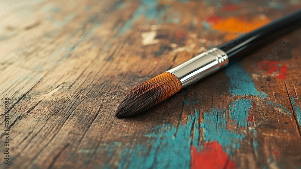 Paintbrush on Rustic Wooden Surface with Paint Splatters Paintbrush on Rustic Wooden Surface with Paint Splatters