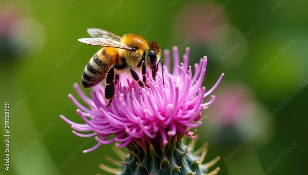 Close-up bee pollinating vibrant purple thistle bloom, bee, macro, insect Close-up bee pollinating vibrant purple thistle bloom, bee, macro, insect
