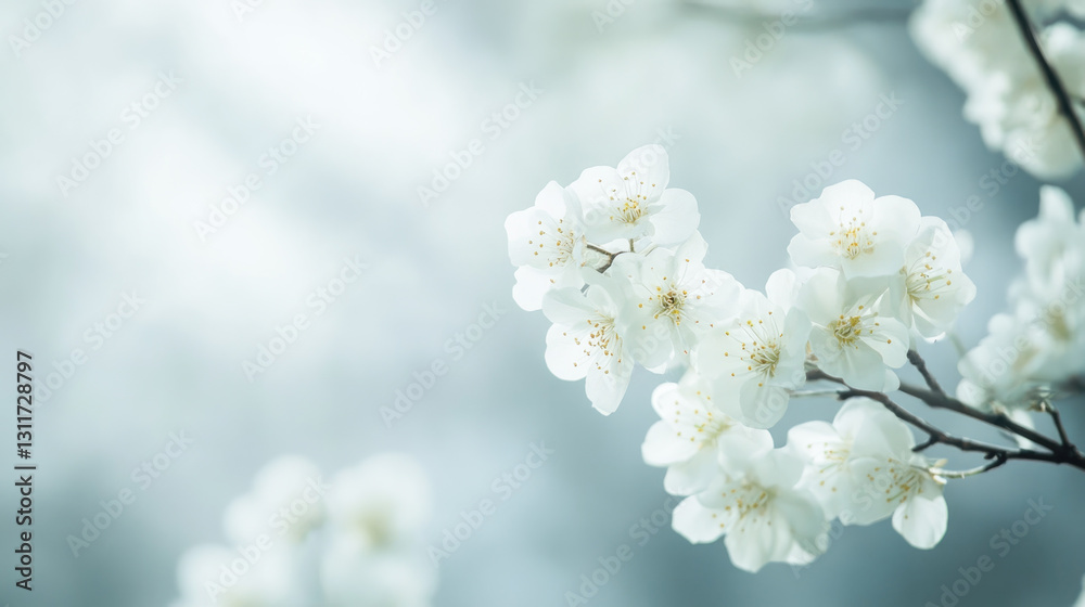 Obraz premium Delicate white blossoms on a soft focus blue background