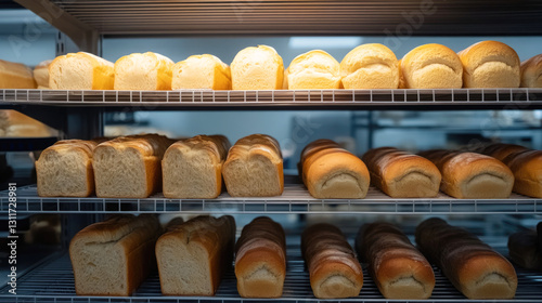 Freshly baked loaves of bread lined on shelves in a bakery