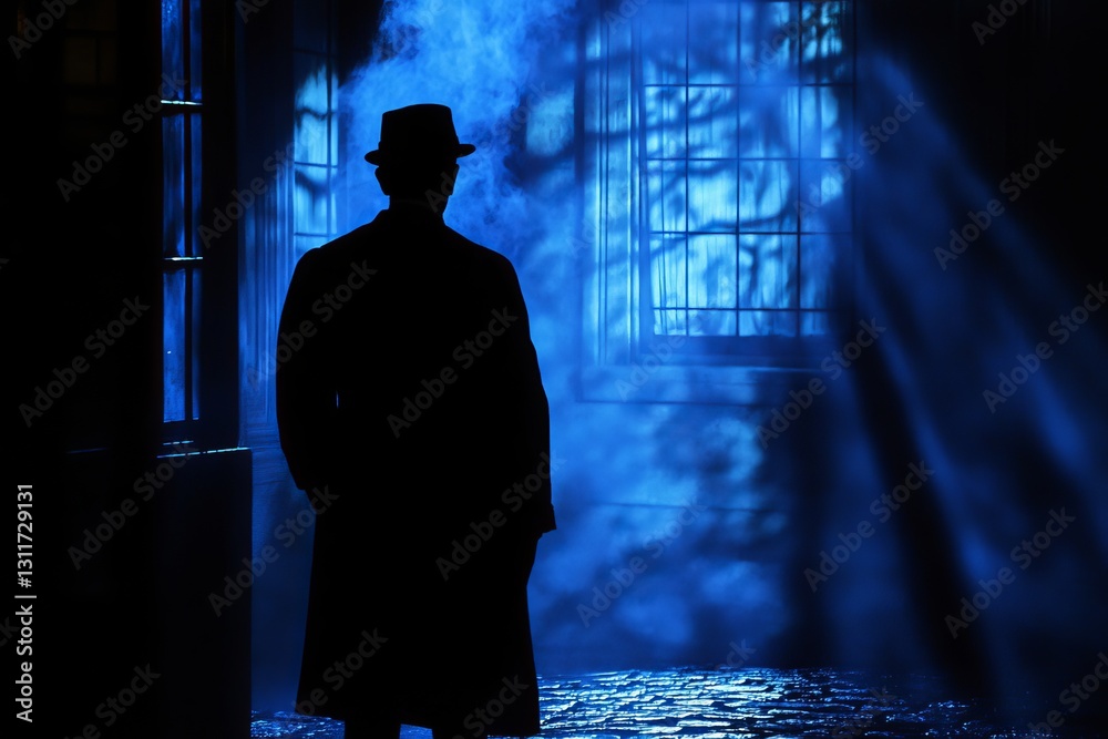 Fototapeta premium Mysterious Silhouette Man in Blue Night Fog Dramatic Shadowy Figure Dark Atmospheric Backlit Scene Urban Alleyway Gloomy Detective Noir Style Moody 