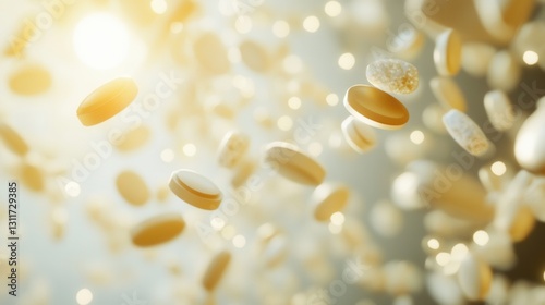 Floating pills in zero gravity illuminated by cinematic lighting capturing a medical abstract theme with soft shadows and intricate detailing